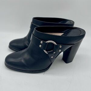 Frye Black Leather High-Heel Mule Clogs with Silver Ring